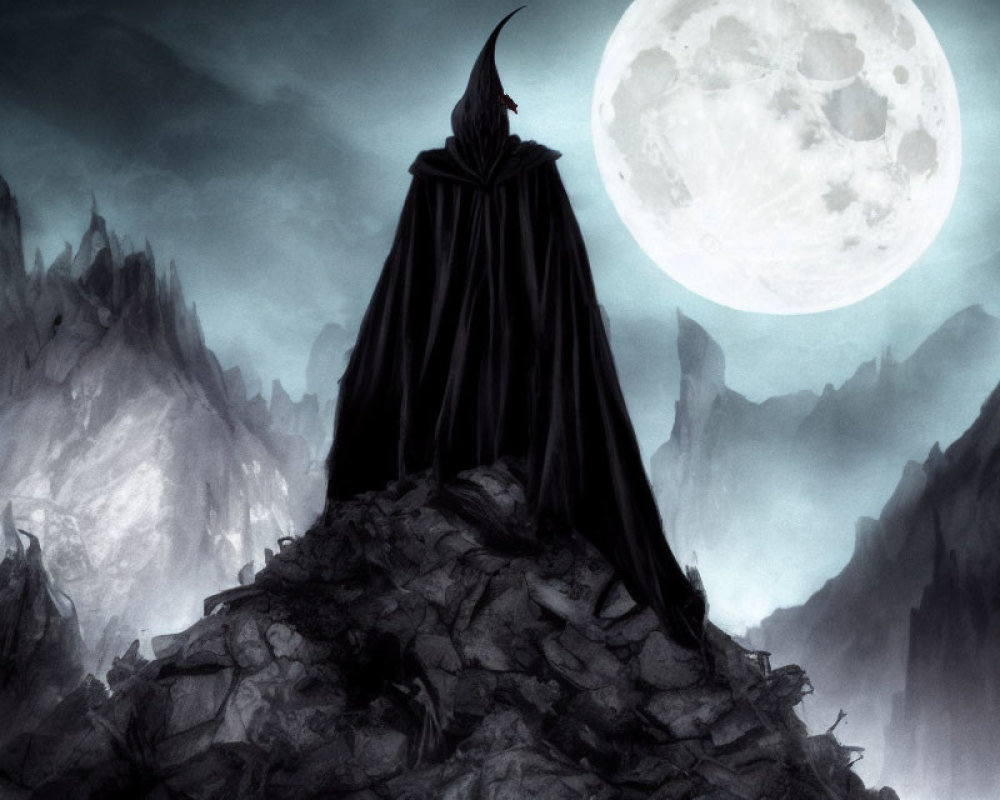 Cloaked figure on craggy peak under full moon in misty mountain landscape