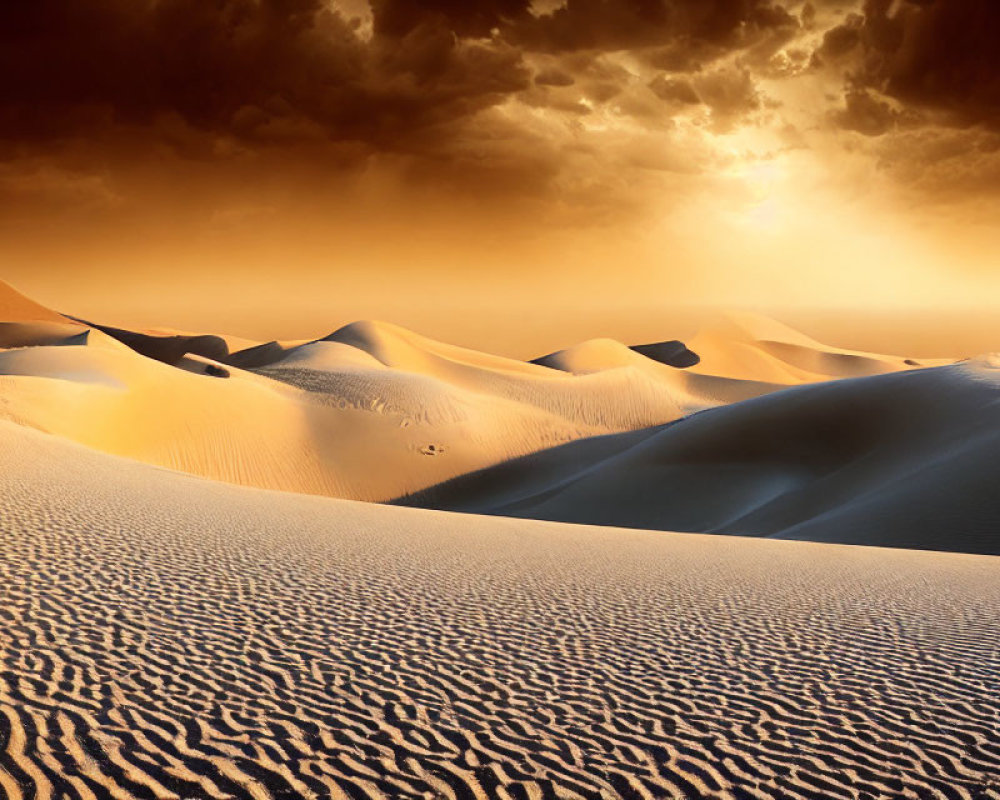 Sunlit Sand Dunes with Dramatic Cloudy Sky