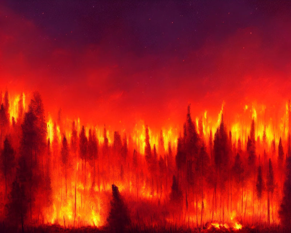 Intense forest fire at night with towering flames under starlit sky