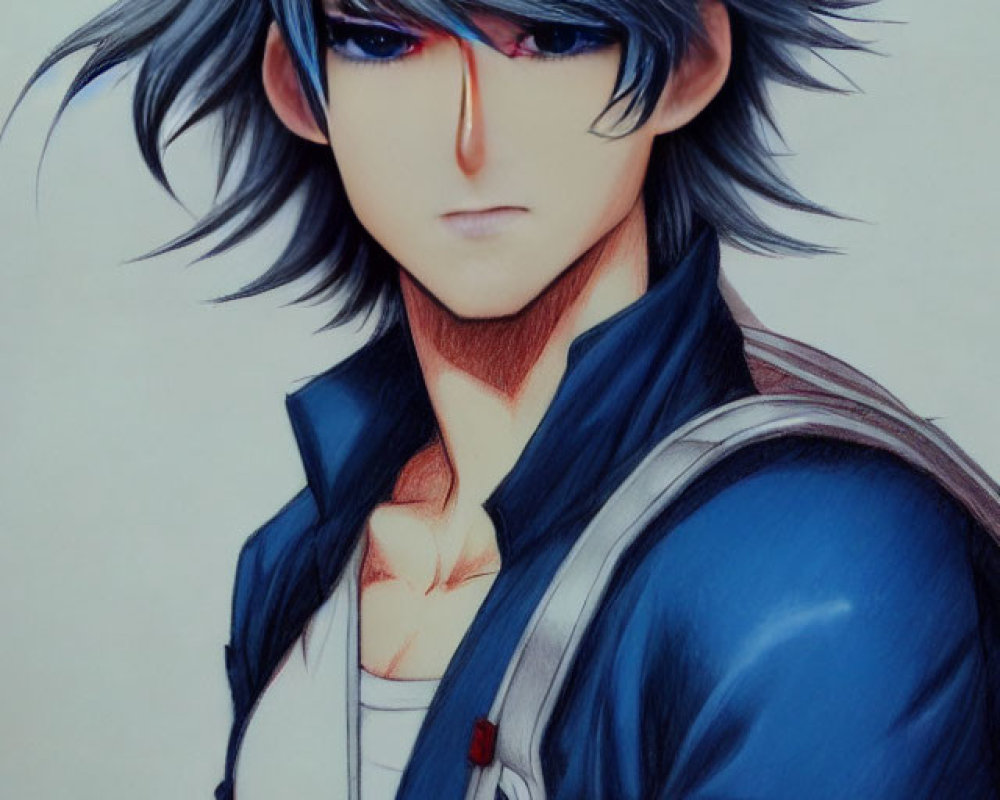 Anime character with spiky gray hair and red eyes in blue jacket.