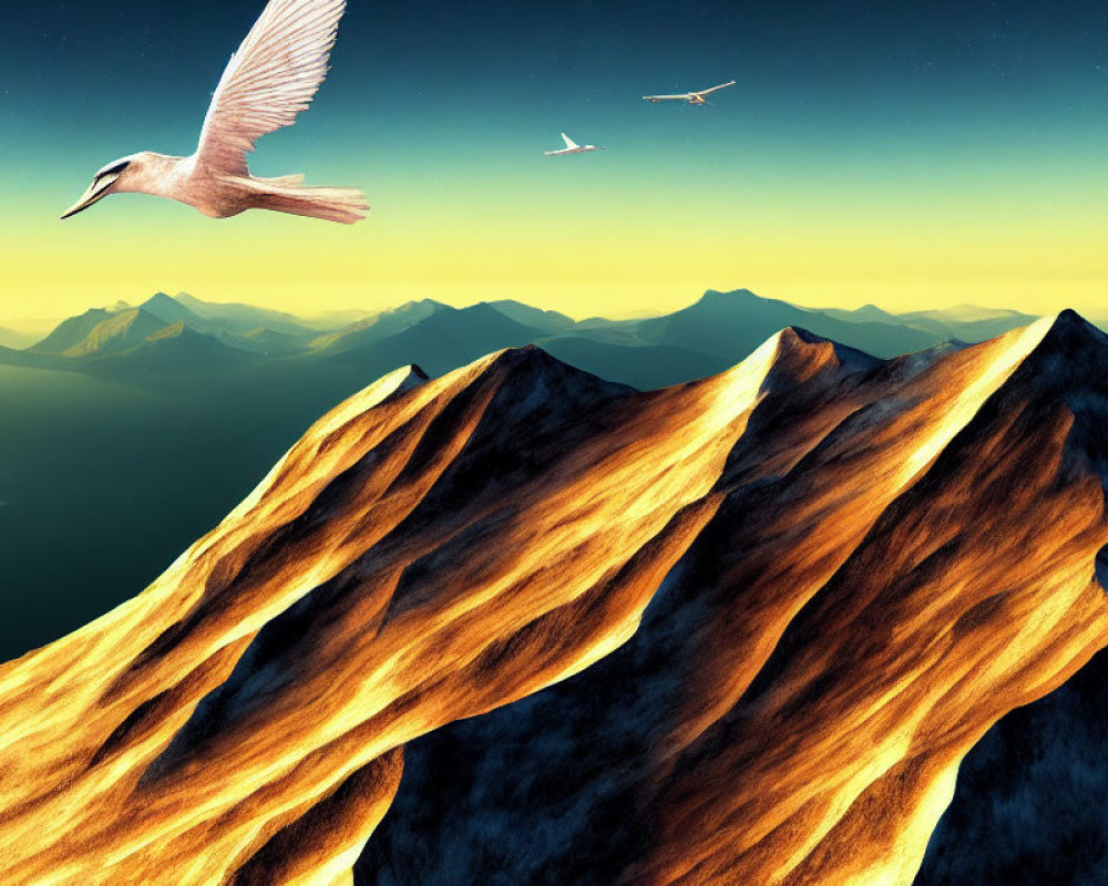 Birds Flying over Golden Mountain Peaks at Twilight Sky.
