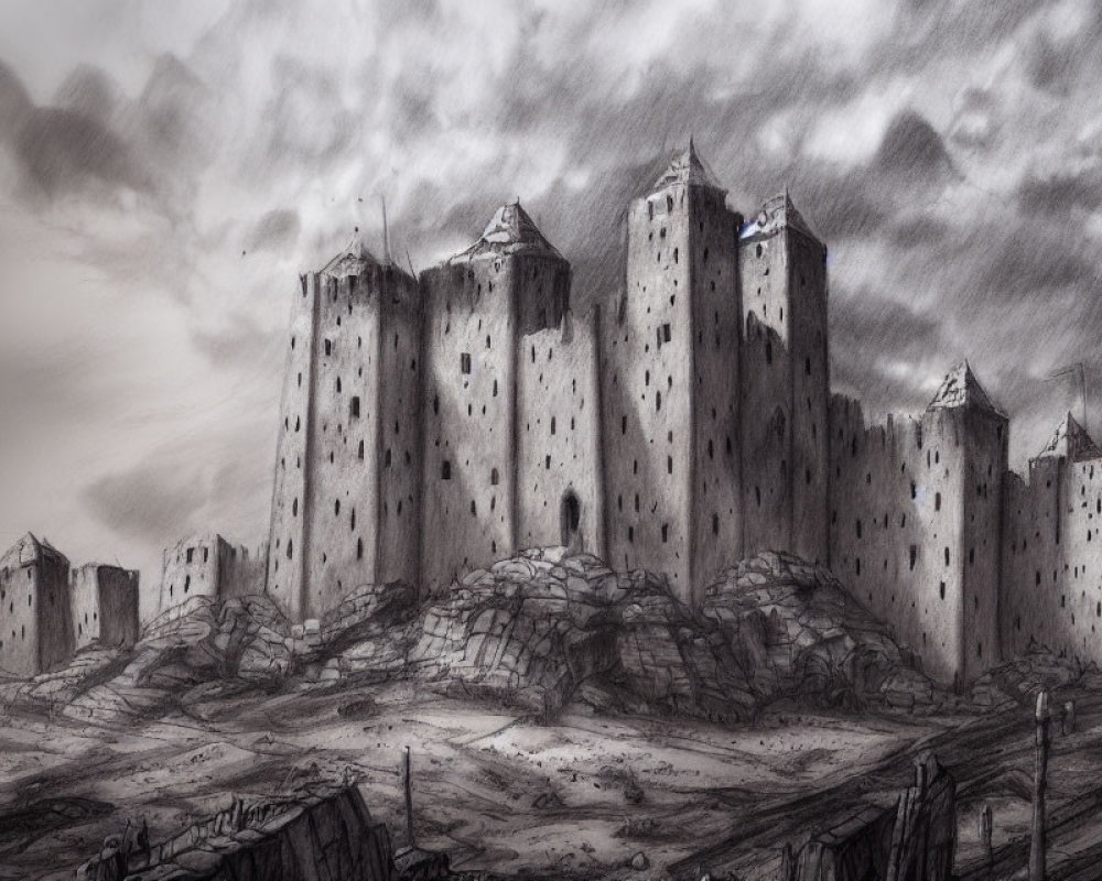Monochrome sketch of an imposing castle on rugged terrain