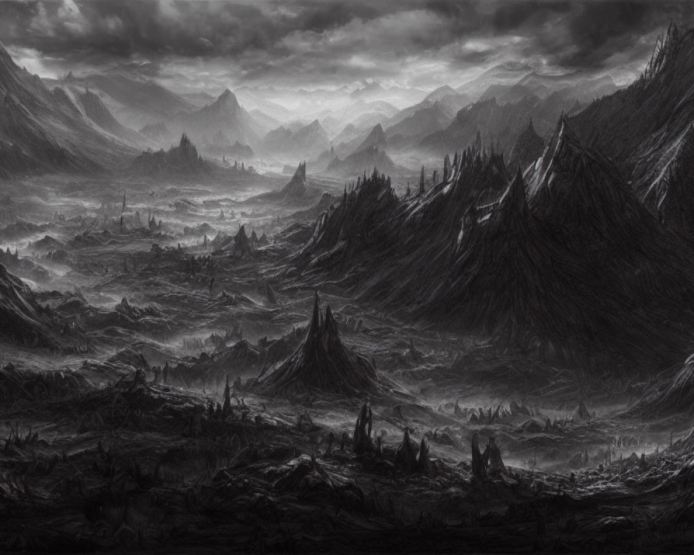 Monochrome landscape of jagged mountains under dramatic sky