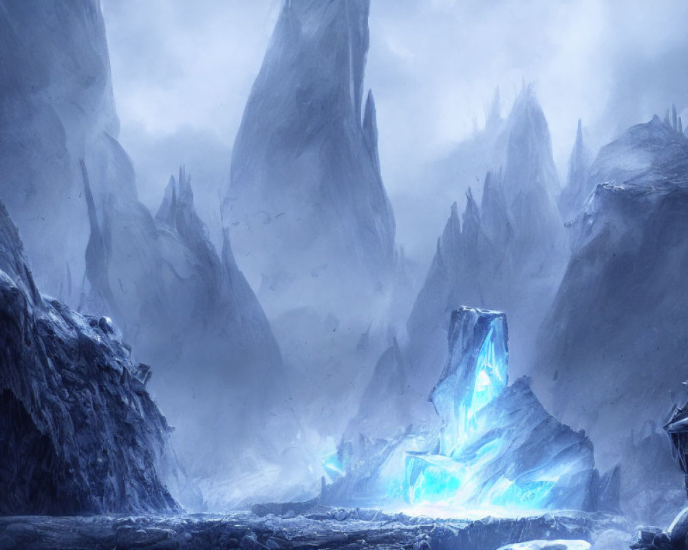 Mystical icy landscape with towering spires and glowing blue crystal formation