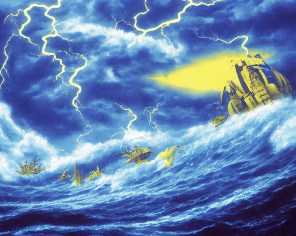Stormy Ocean Scene with Ships and Lightning