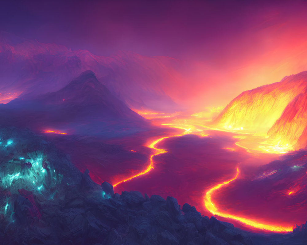Fantastical landscape with lava rivers, glowing mountains, and ethereal lights