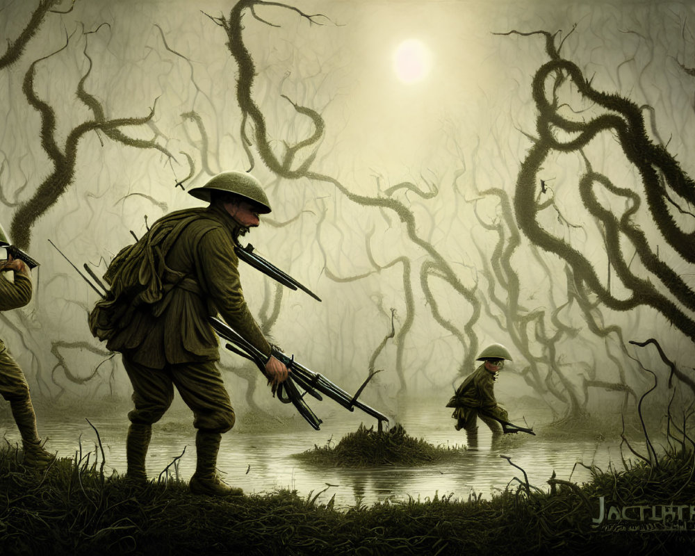 Three soldiers in old military gear navigating a swamp with barren trees under a hazy sun.