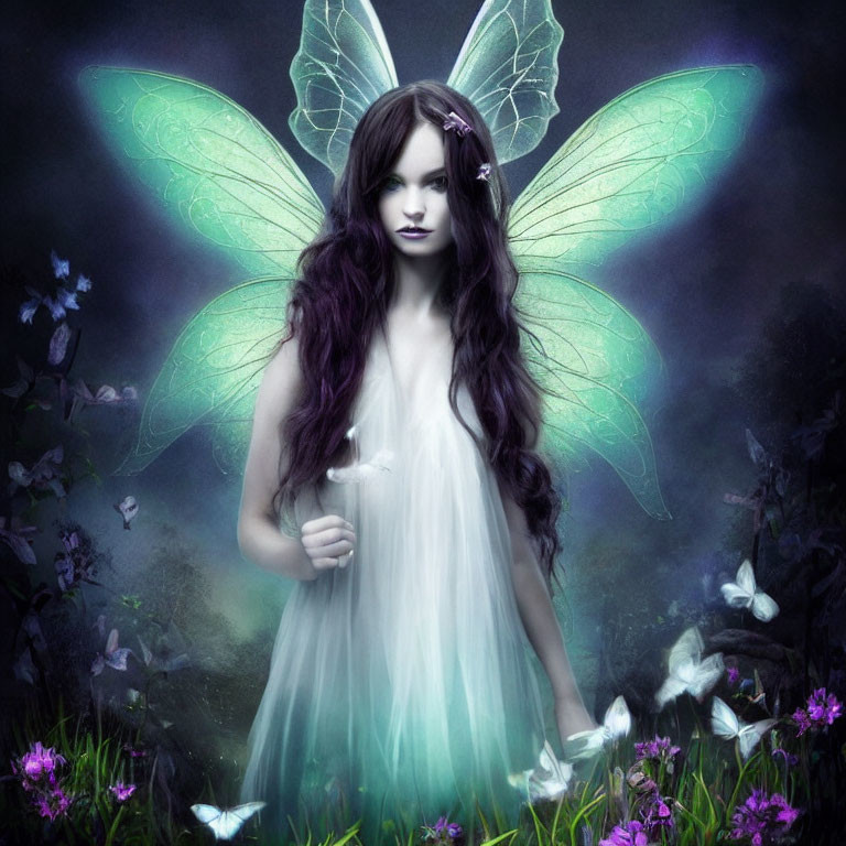 Mystical figure with green wings in white dress among purple flowers