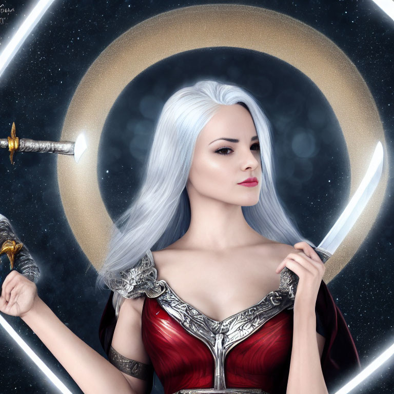 Silver-haired female warrior in red armor wields sword in glowing halo