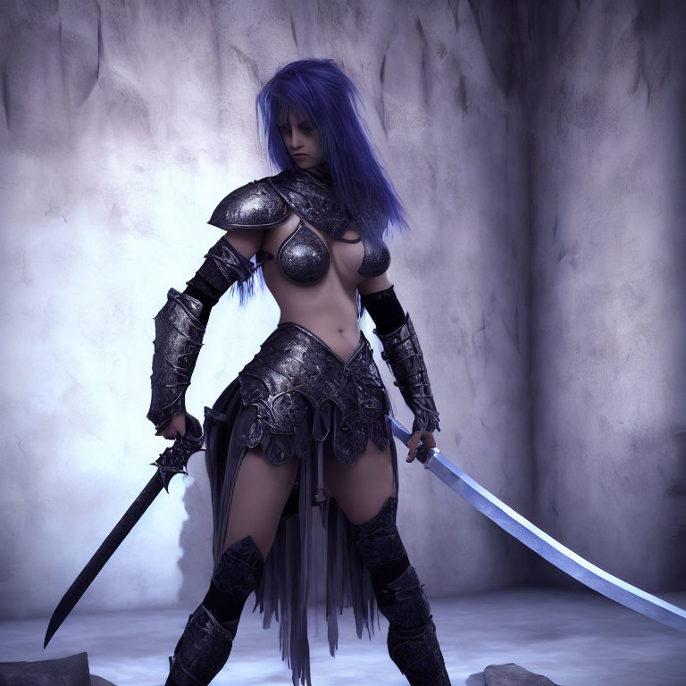 Blue-haired female warrior in dark fantasy armor wields curved sword in misty rocky scene