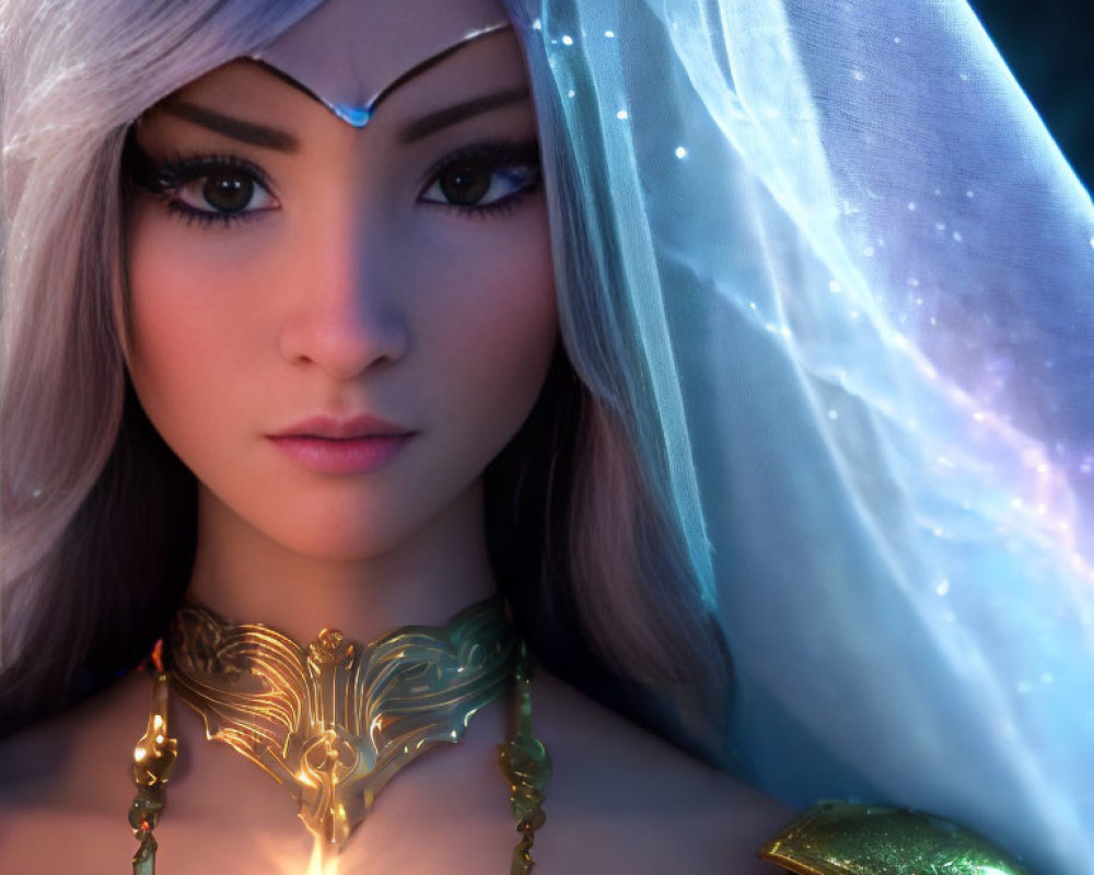 Fantasy female character with glowing pendant in ornate golden armor and blue headpiece in mystical twilight setting