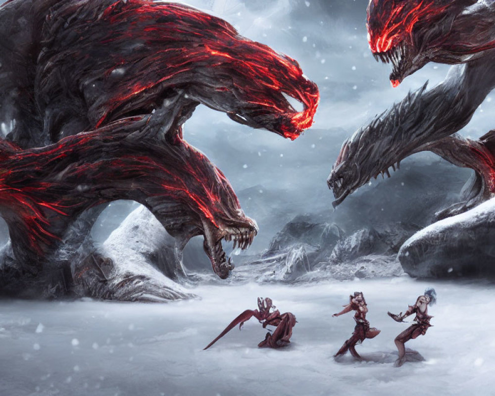 Three warriors facing glowing red-veined beasts in snowy landscape