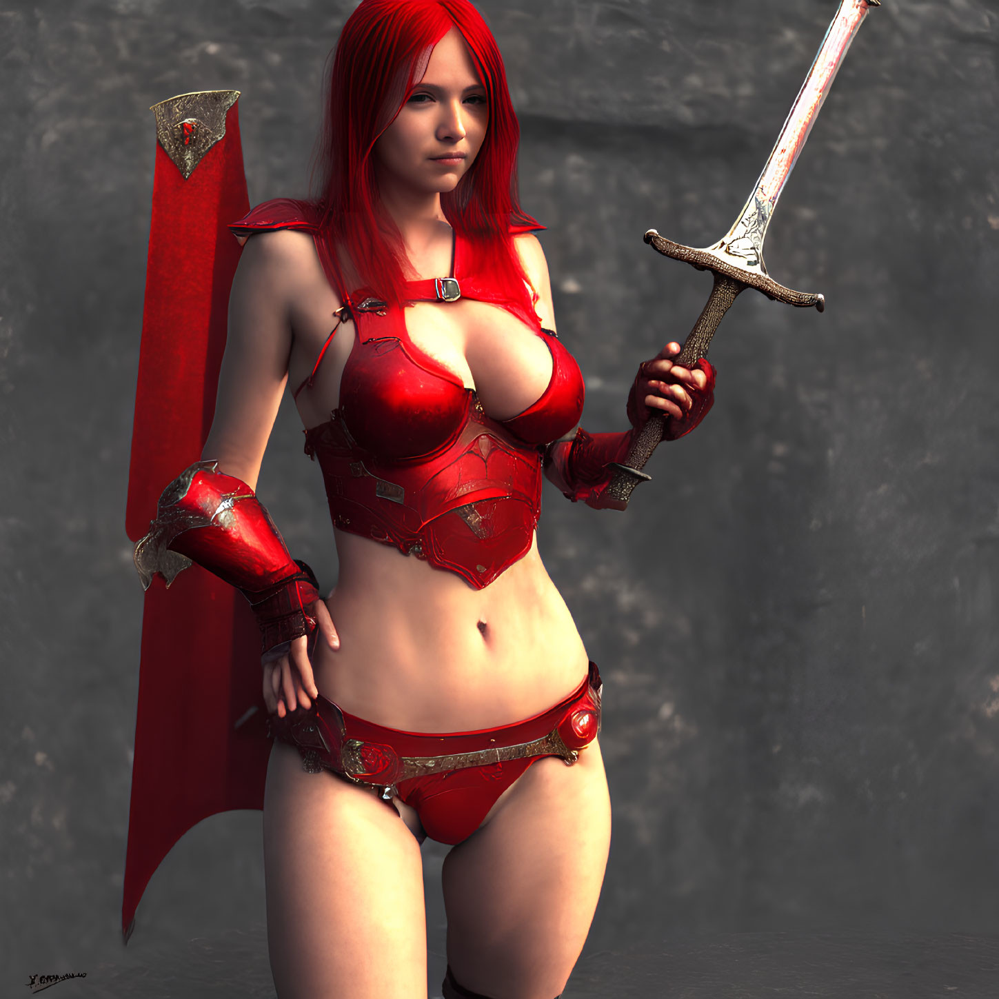 3D-rendered female warrior in red armor with sword
