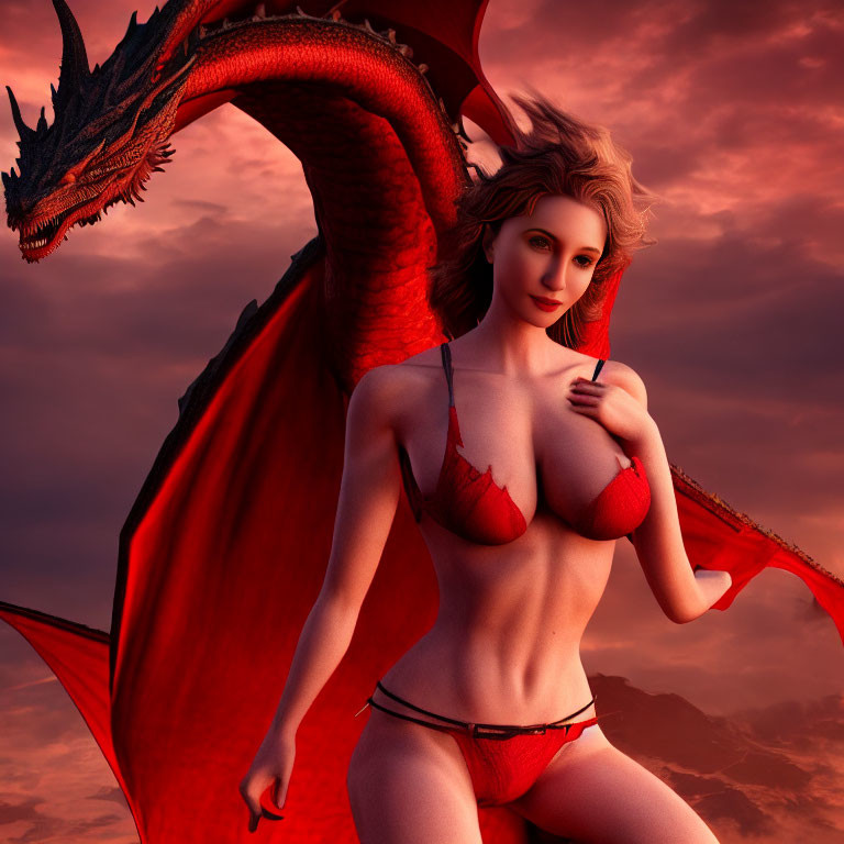 Digital artwork of woman in red lingerie with large red dragon in dramatic sky