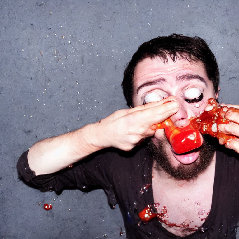Bearded man squeezing ketchup on face with tongue out