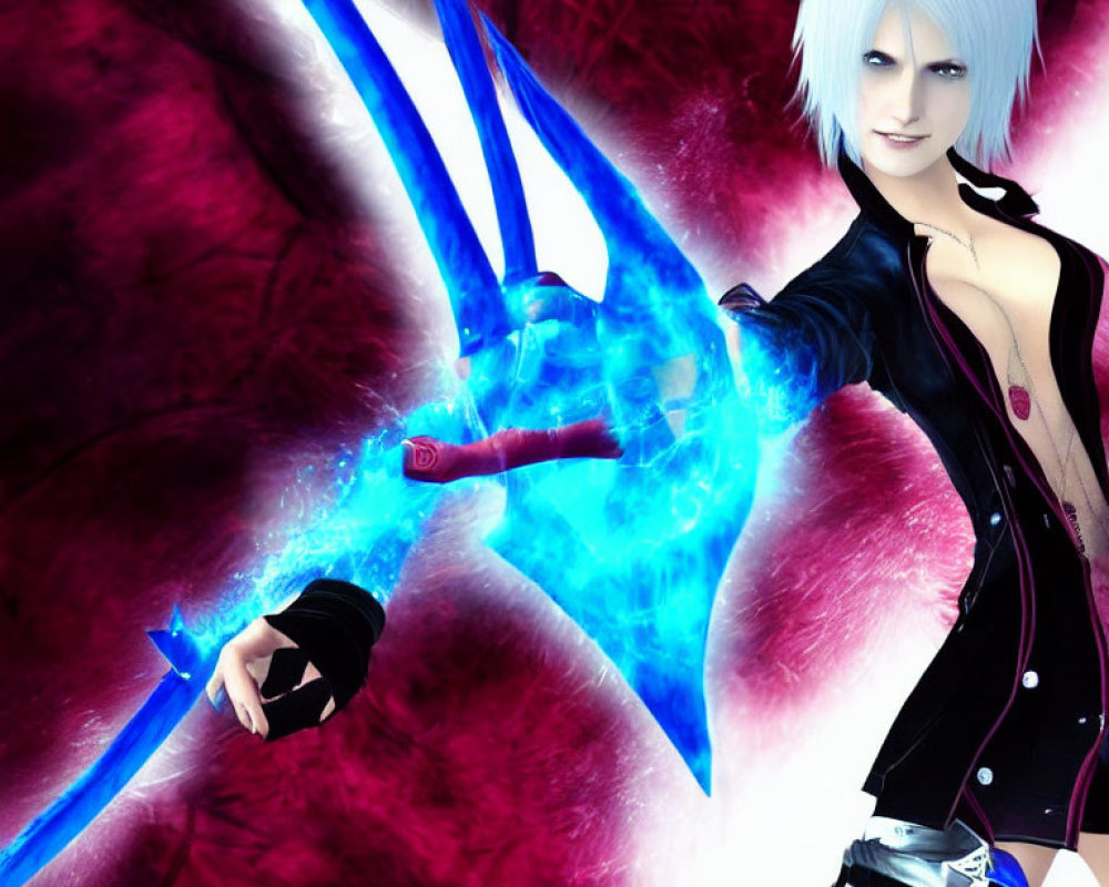 White-Haired Character Wielding Blue Swords on Crimson Background