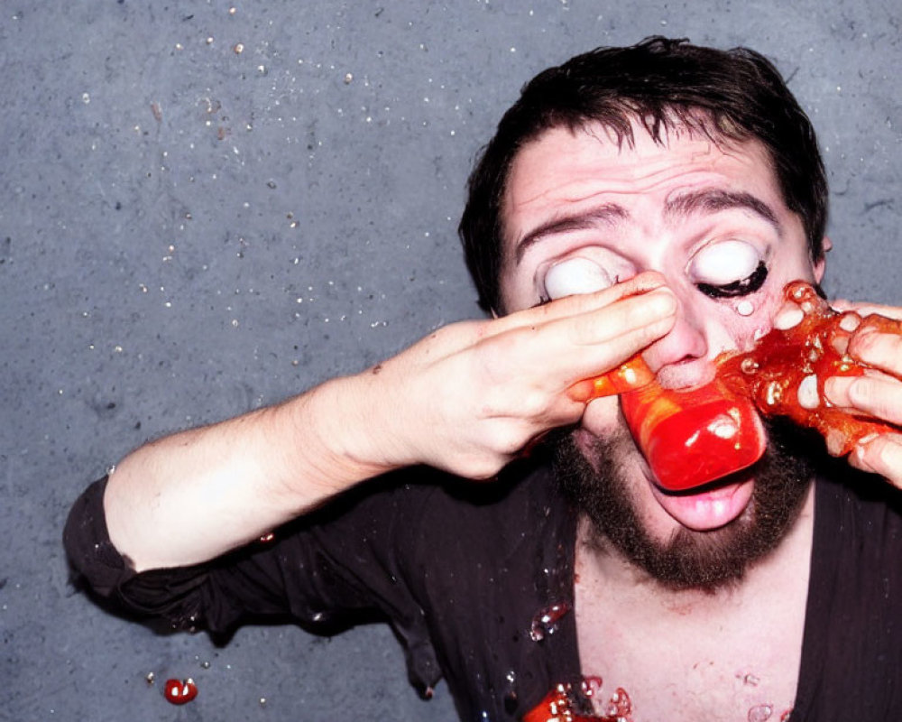 Bearded man squeezing ketchup on face with tongue out