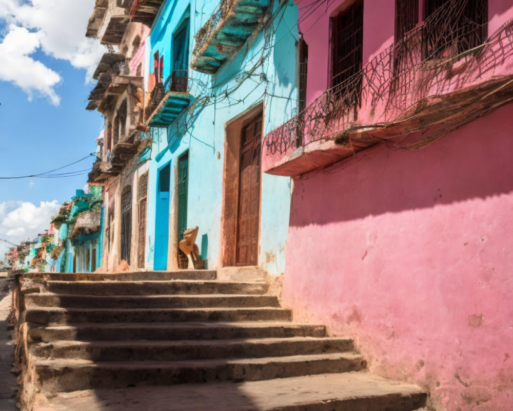 Vibrant old buildings and stairway with dog under blue sky