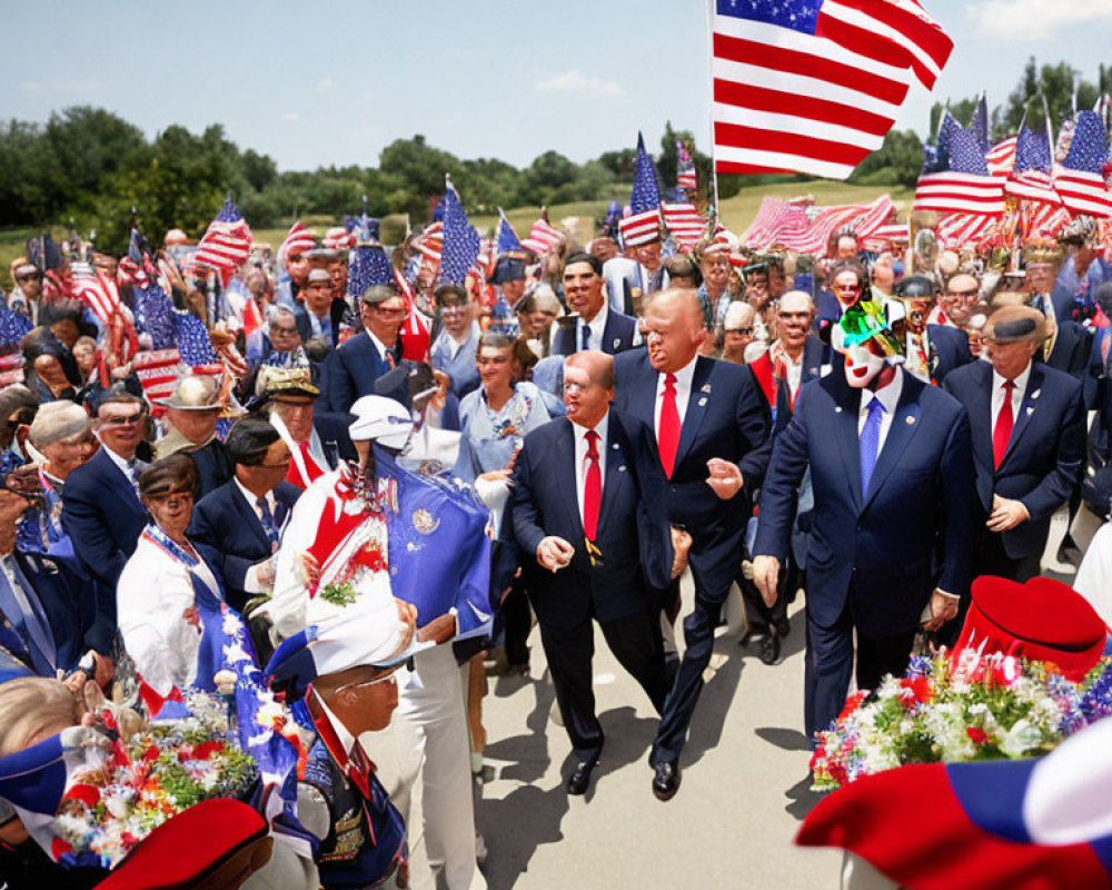Patriotic group walking outdoors with American flags