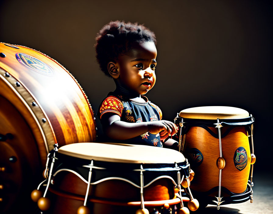 A black child playing the congas and drums
