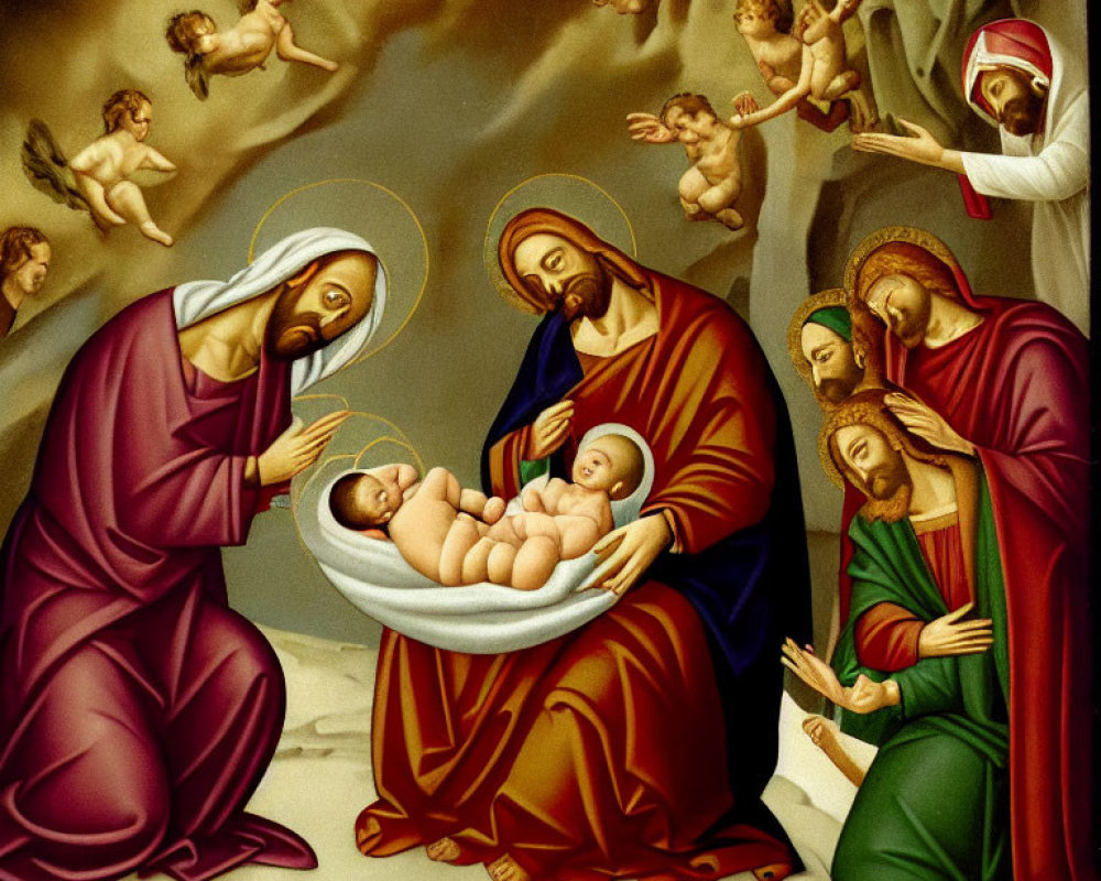 Nativity scene with baby Jesus, Mary, Joseph, and angels