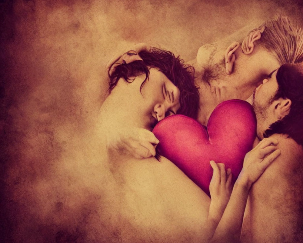 Three People Embracing with Red Heart in Vintage Sepia Tone