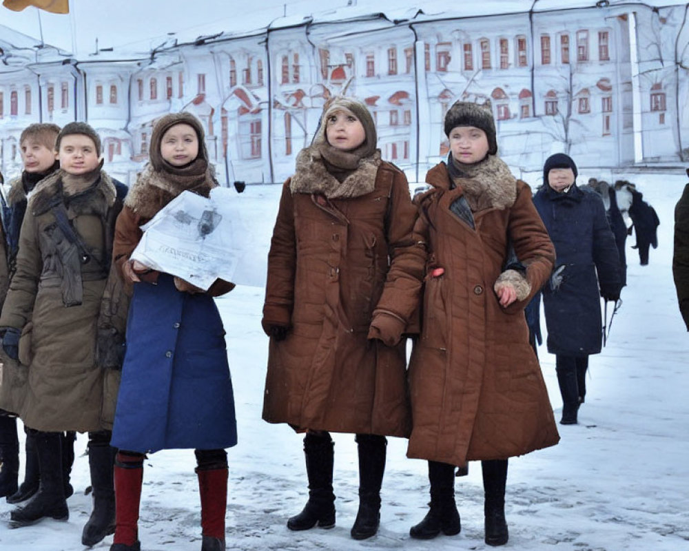 Children in warm coats standing in snow with building and flag.