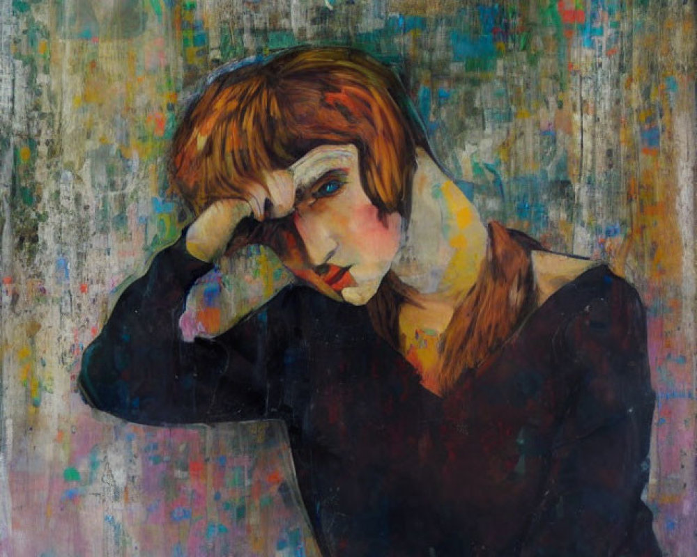 Auburn-Haired Person in Thought Against Abstract Background