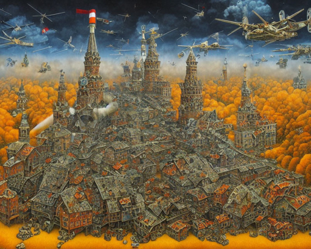 Whimsical autumn cityscape with flying aircraft