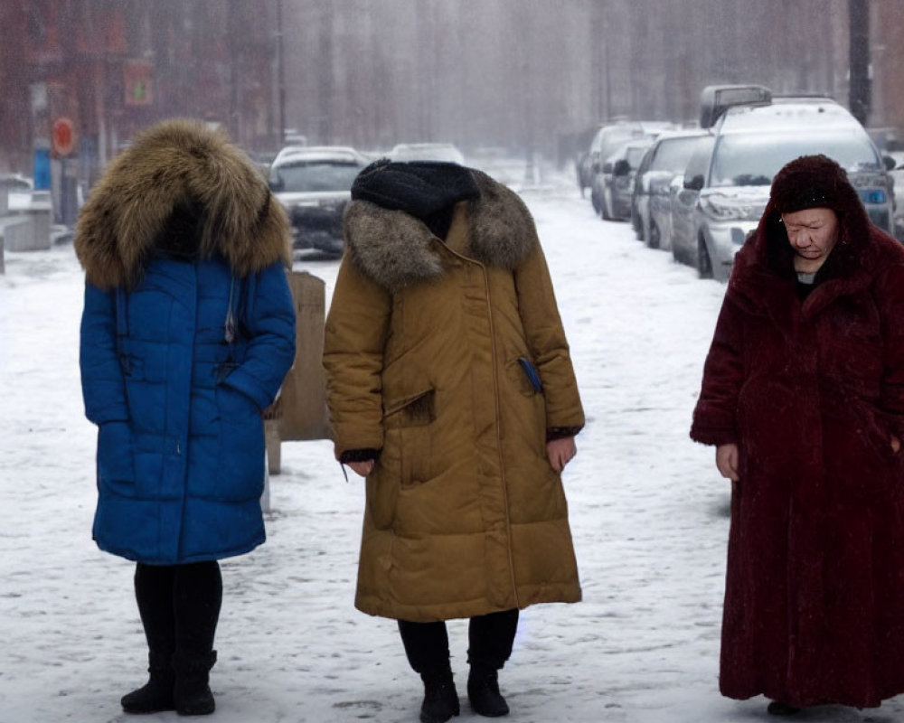 Three people in winter coats walking on snowy street with parked cars and city backdrop.