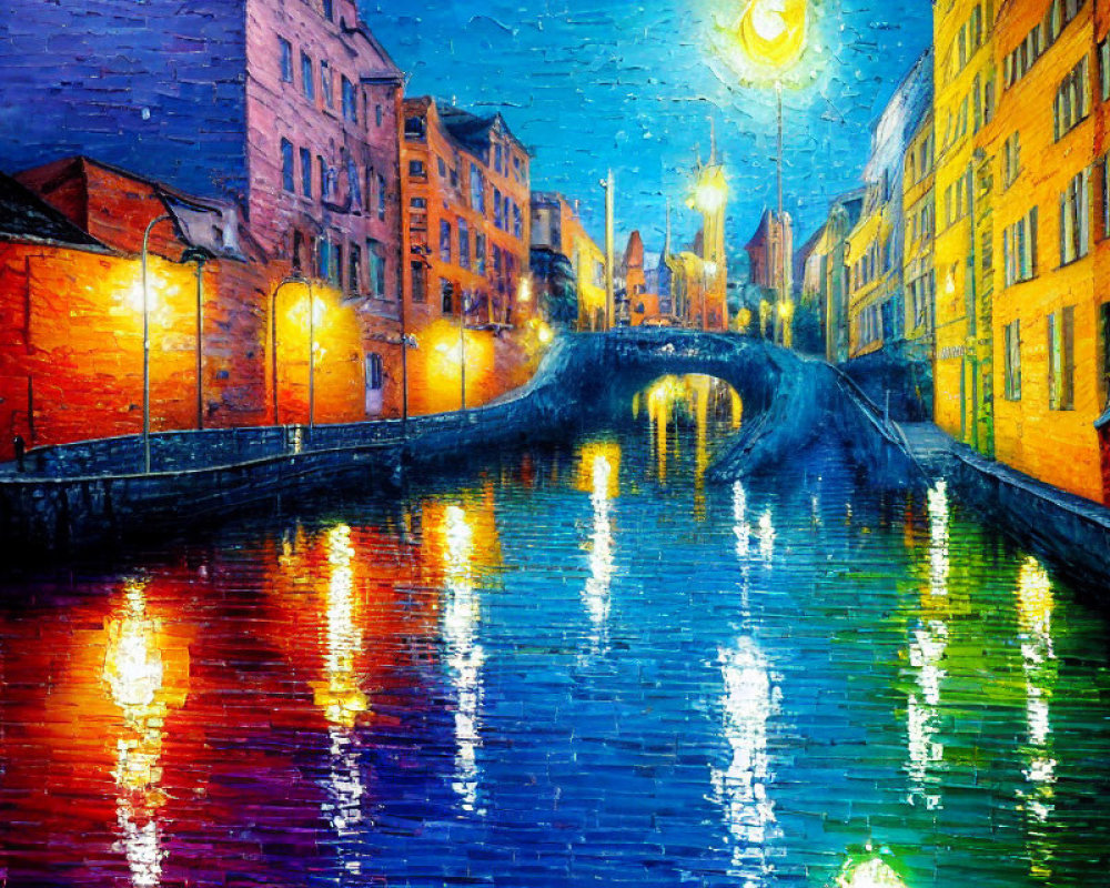 Impressionistic painting of illuminated canal at dusk