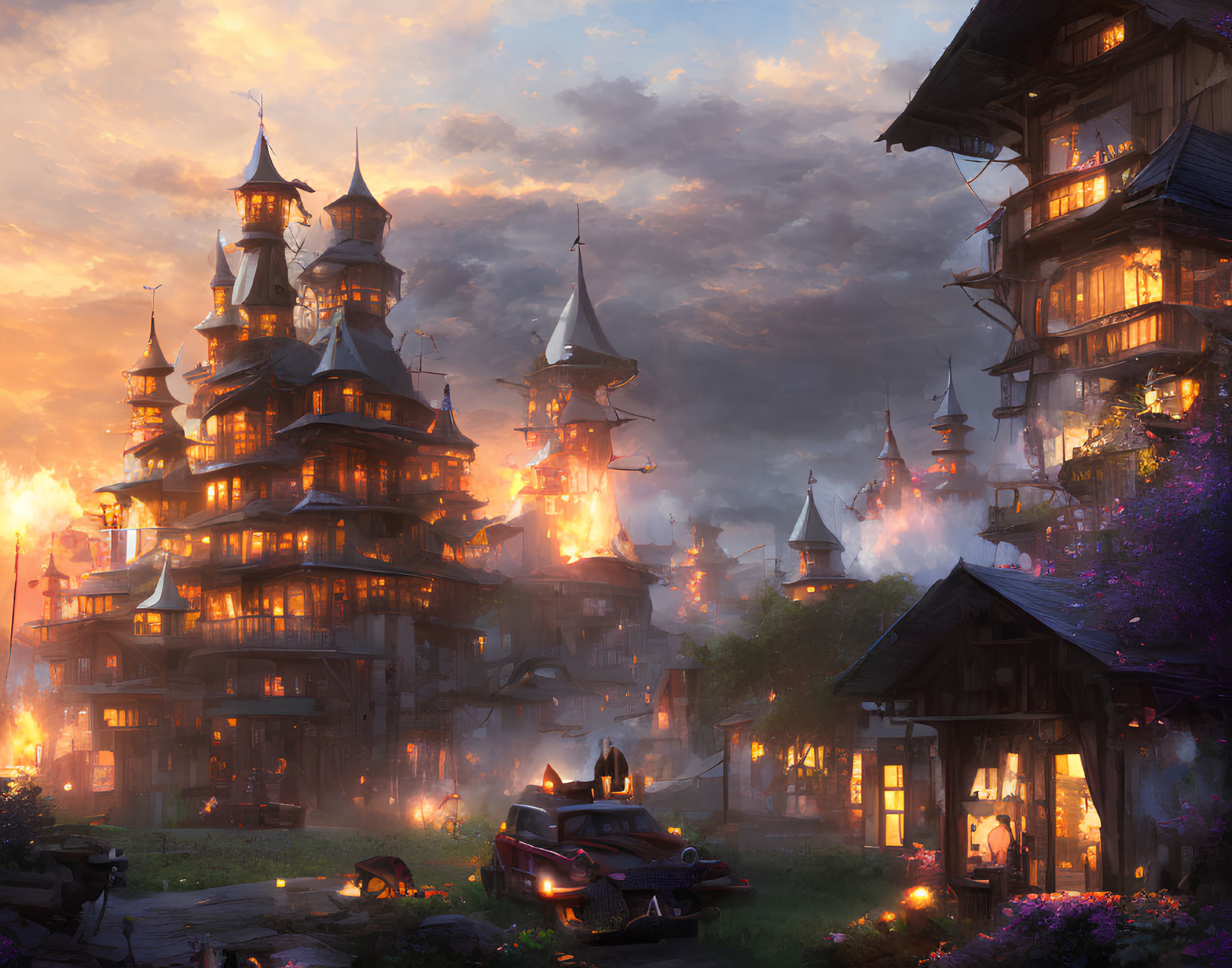 Sunset fantasy village with pagoda-like structures, vintage car, cottages, and blooming flowers