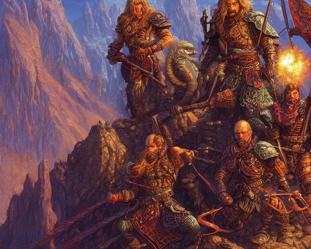 Armored fantasy warriors on mountain terrain with drawn weapons