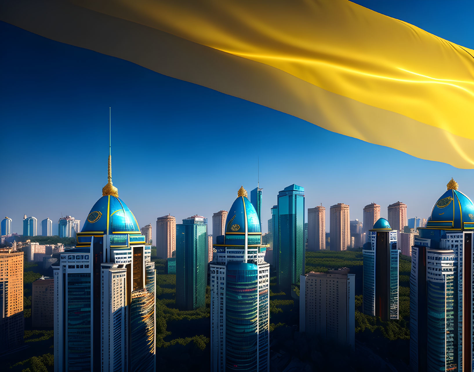 Modern cityscape with skyscrapers, domed rooftops, and yellow banner under clear blue sky