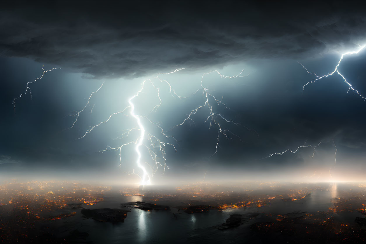 Panoramic Night Cityscape with Lightning Storm