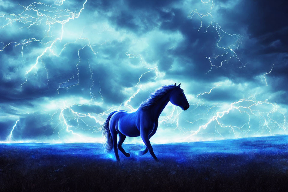Majestic blue horse under stormy sky with lightning bolts