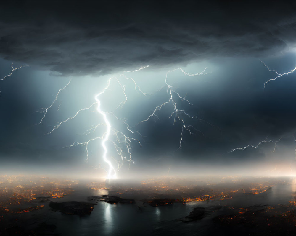 Panoramic Night Cityscape with Lightning Storm