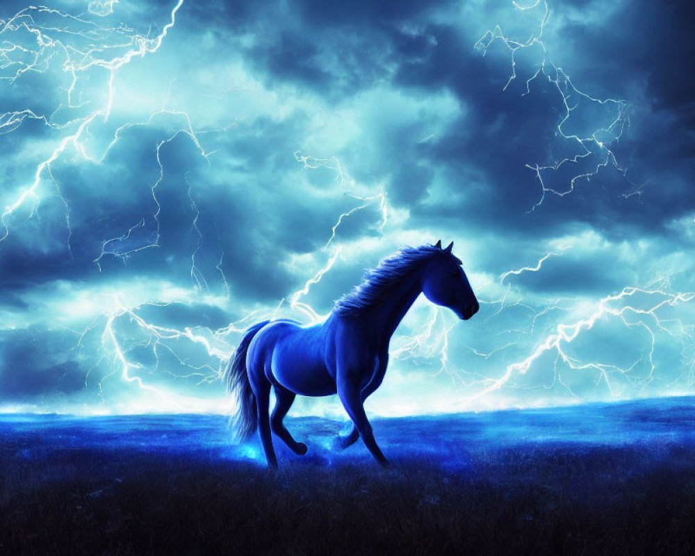 Majestic blue horse under stormy sky with lightning bolts