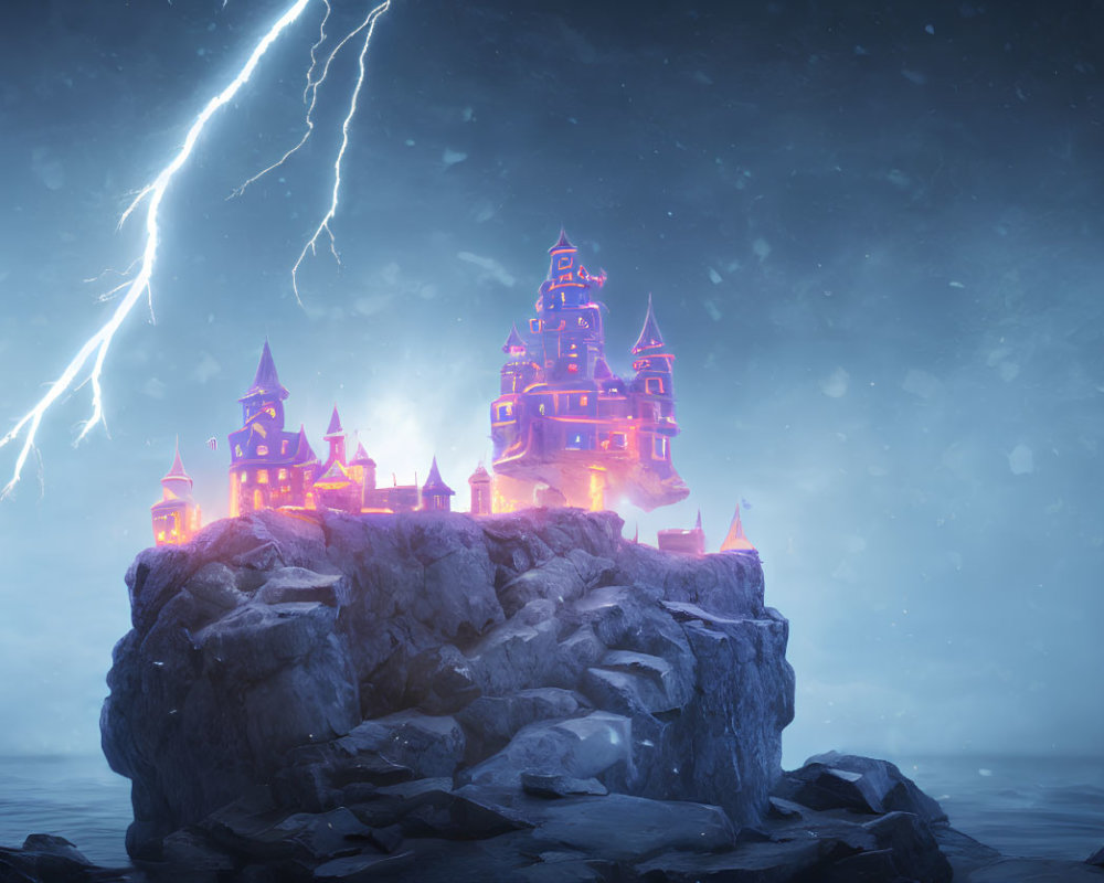 Mystical castle on craggy rock in stormy sea with lightning sky