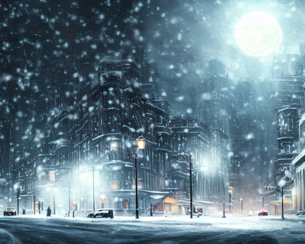 Snowy urban night scene with street lamps, car, person, and full moon.