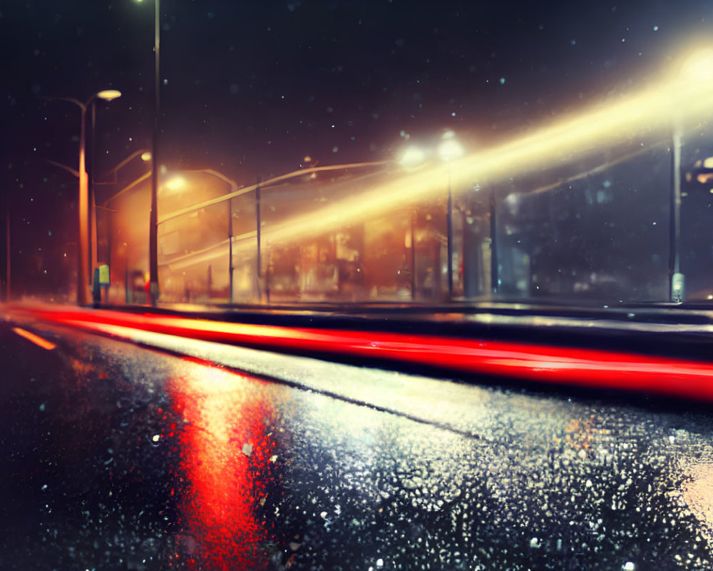 Rainy Night Street Scene with Reflective Wet Pavement and Falling Raindrops