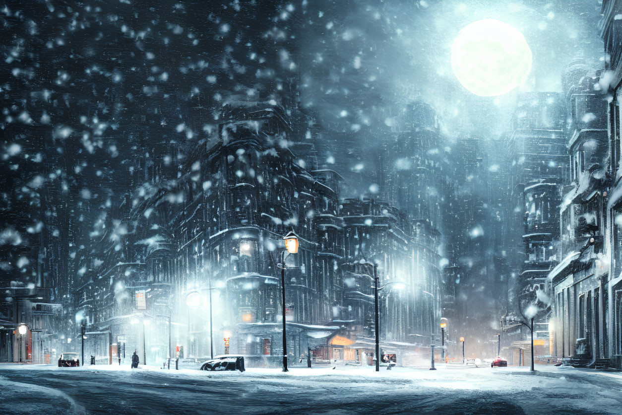 Snowy urban night scene with street lamps, car, person, and full moon.