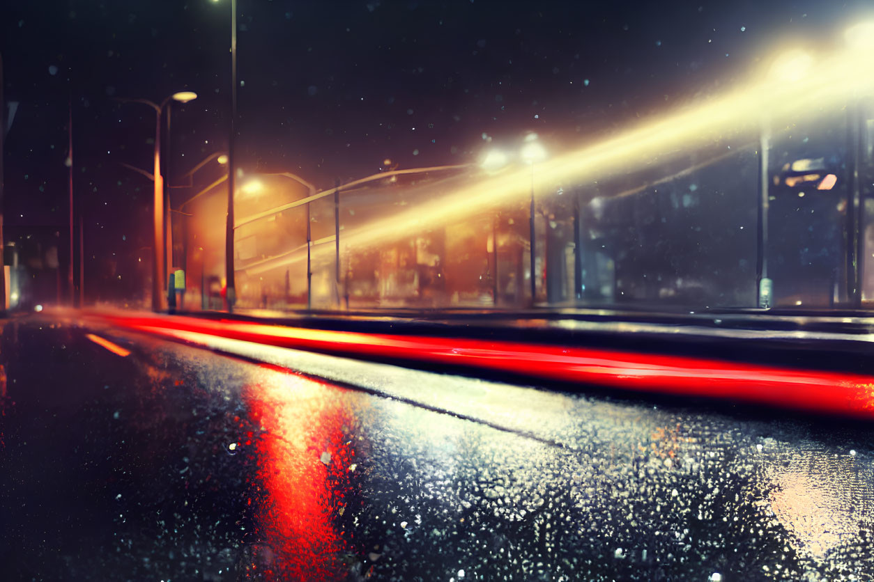Rainy Night Street Scene with Reflective Wet Pavement and Falling Raindrops