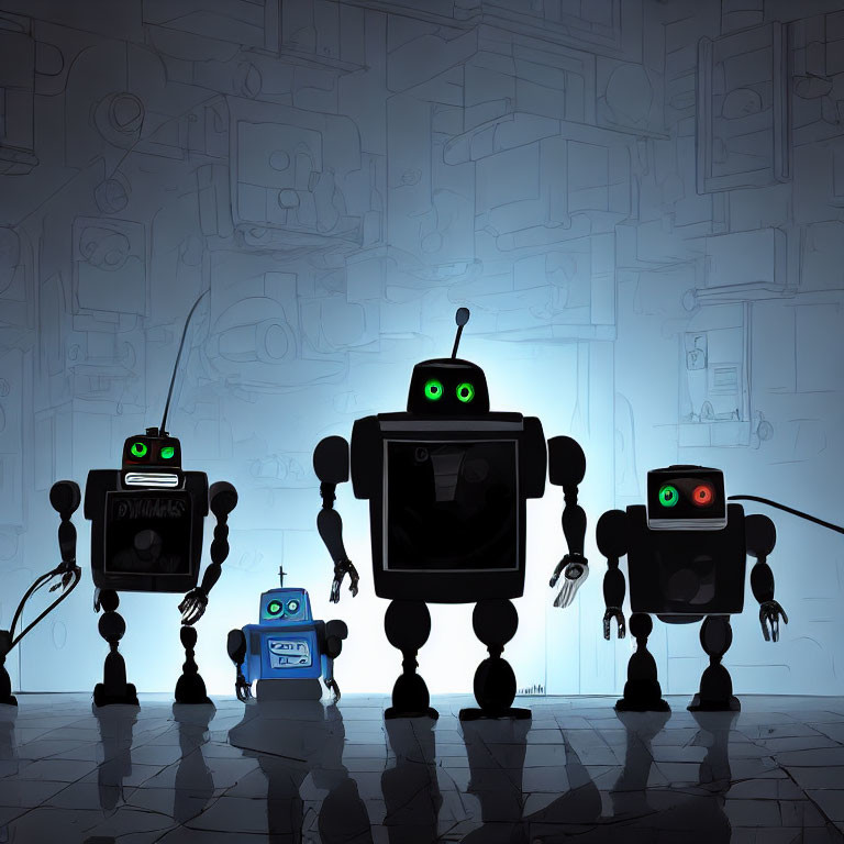 Four Cartoon Robots with Illuminated Eyes on Technical Drawings