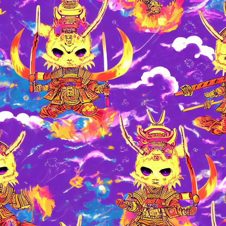 Vibrant Cartoon Samurai Cats Artwork on Purple and Orange Background