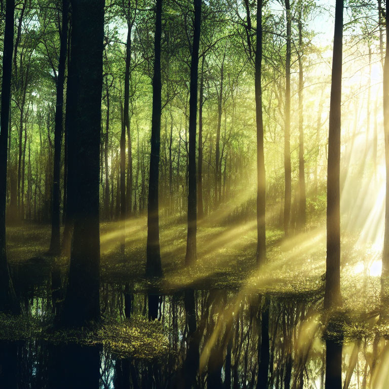 Dense forest with sunlight streaming over calm water