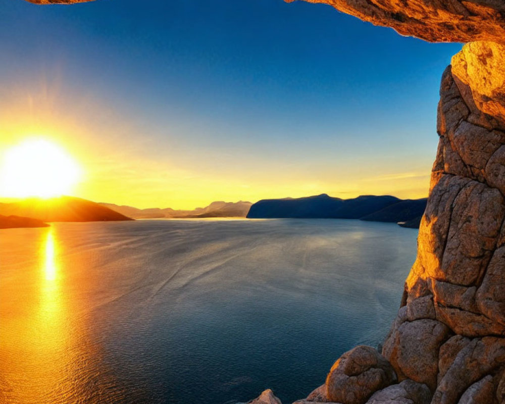 Scenic sunset view of calm sea and rugged cave entrance