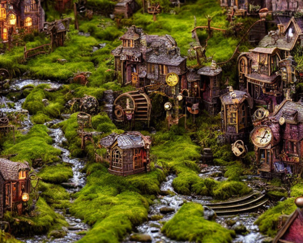 Miniature fantasy village with moss-covered houses and waterwheels