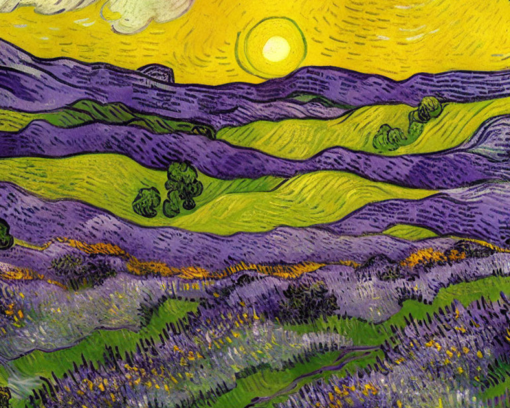 Colorful painting: swirling yellow sky, bright sun, purple hills, green bushes, yellow flowers.