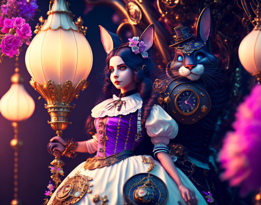 Whimsical woman with bunny ears and steampunk rabbit in vintage setting